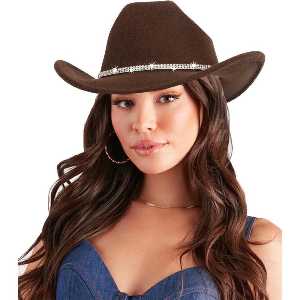 Women Rhinestone Western Cowboy Hat Wide Brim Bling Disco Party Accessory